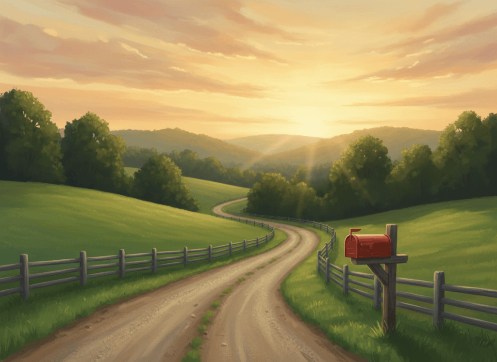 Illustration of a gravel county road through Ozark hills at sunrise with a split-rail fence and red mailbox.