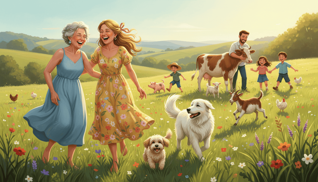 Patricia and Barbara laughing in a sunny Ozark meadow with their Great Pyrenees and Maltipoo, surrounded by people playing with a pig, cow, goat, lamb, and chickens