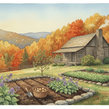 Watercolor painting of a log cabin in the Ozark hills in autumn, with a garden bed, a basket of flower bulbs, comfrey plants, and stone-bordered beds in the foreground