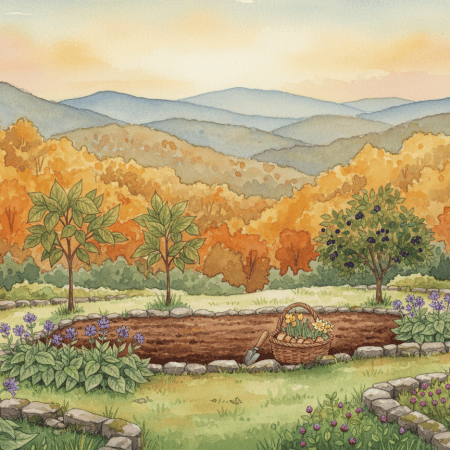 Watercolor painting of an autumn Ozark landscape with a garden bed, a basket of flower bulbs, comfrey plants, and stone-bordered beds in front of colorful wooded hills