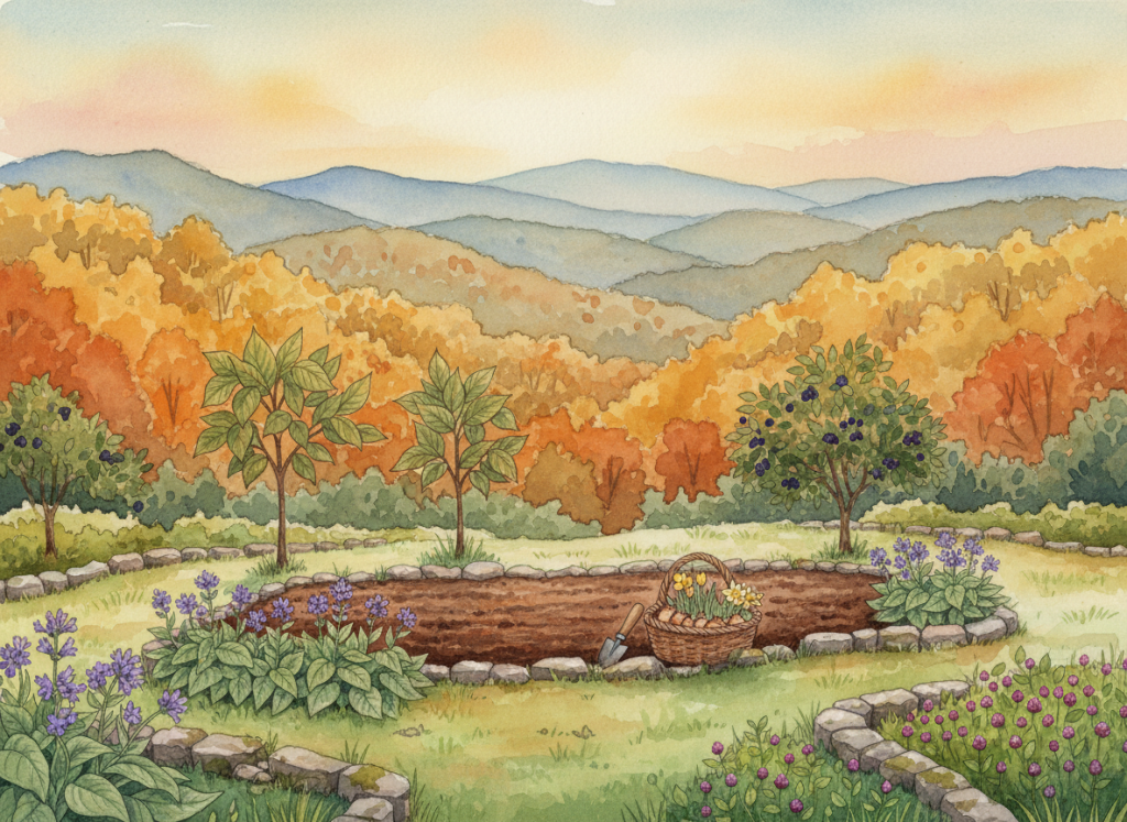 Watercolor painting of an autumn Ozark landscape with a garden bed, a basket of flower bulbs, comfrey plants, and stone-bordered beds in front of colorful wooded hills