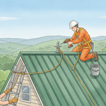 Watercolor of a person in a safety harness tied to a roof anchor, kneeling on a green metal roof with a cordless drill, while a helper steadies a tied-off ladder below on a clear day