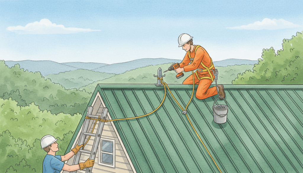 Watercolor of a person in a safety harness tied to a roof anchor, kneeling on a green metal roof with a cordless drill, while a helper steadies a tied-off ladder below