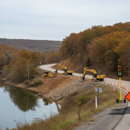 Illustration of road construction on a rural two-lane highway beside a lake, with an orange road work sign, traffic cones, a temporary traffic signal, and large yellow excavating equipment.