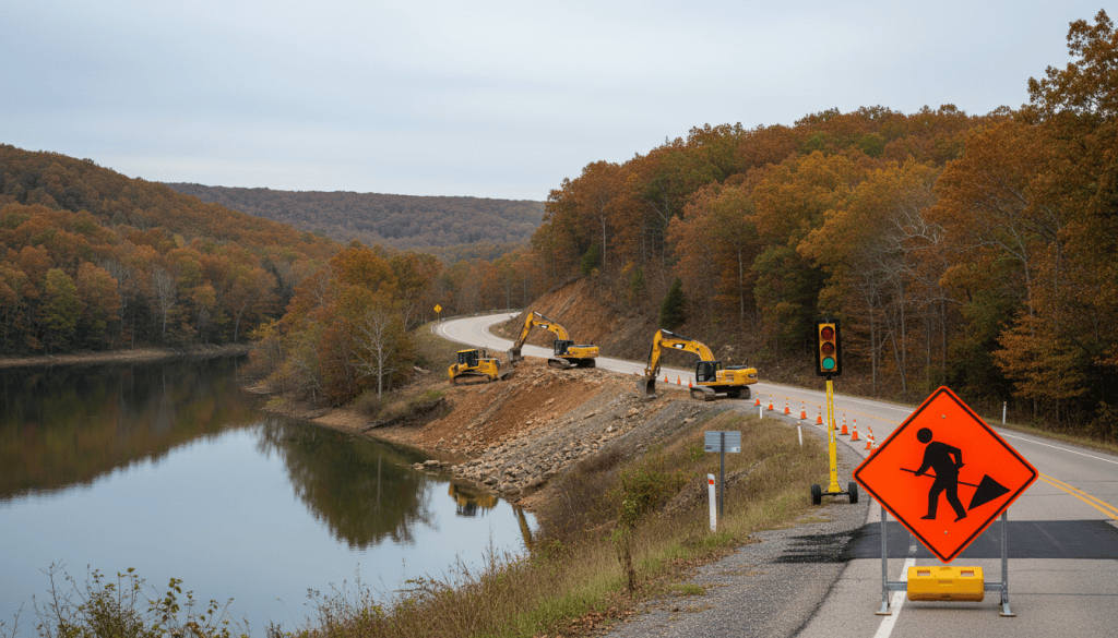 Illustration of road construction on a rural two-lane highway beside a lake, with an orange road work sign, traffic cones, a temporary traffic signal, and large yellow excavating equipment.