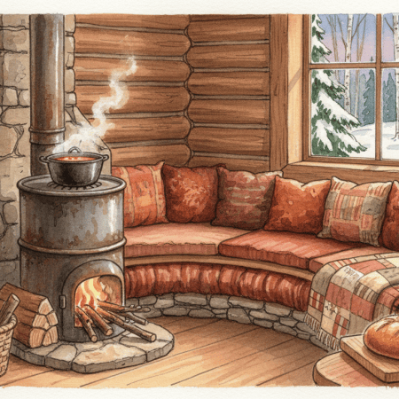 Watercolor of a rocket mass heater with a steel drum and a long stone and cob bench inside a cozy room, a pot of soup simmering on top and a basket of sticks beside it