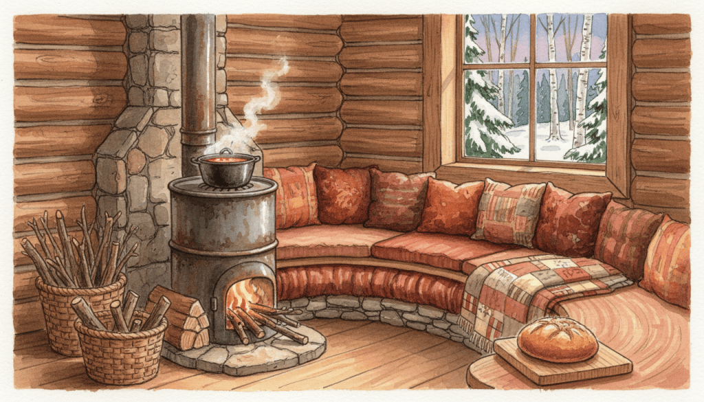 Watercolor of a rocket mass heater with a steel drum and a long cob bench in a cozy log room, a pot of soup simmering on top and a basket of sticks beside it