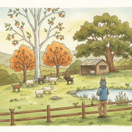 Watercolor of a sloping autumn Ozark pasture with a sycamore, persimmon and cedar trees, sheep and goats grazing, a small shed and pond, and a father with a child on his shoulders watching from the fence