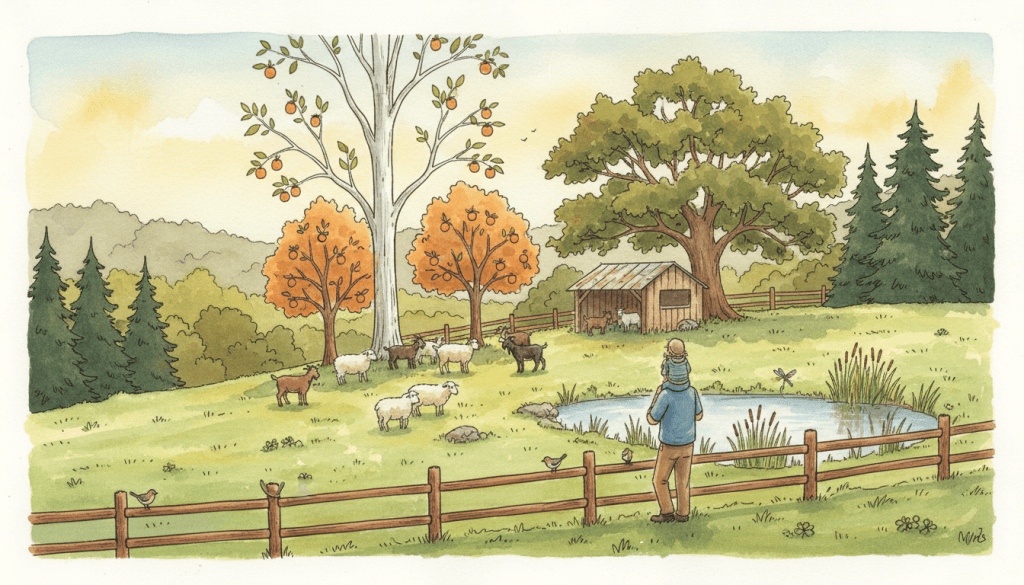 Watercolor of a sloping autumn Ozark pasture with a sycamore, persimmon and cedar trees, sheep and goats grazing, a small shed and pond, and a father with a child on his shoulders watching from the fence