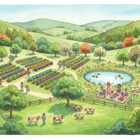 Bird's-eye watercolor of Ozark land with garden circles, fruit trees, a pond, a meadow and a pasture of resting cows and pigs, with people walking the paths