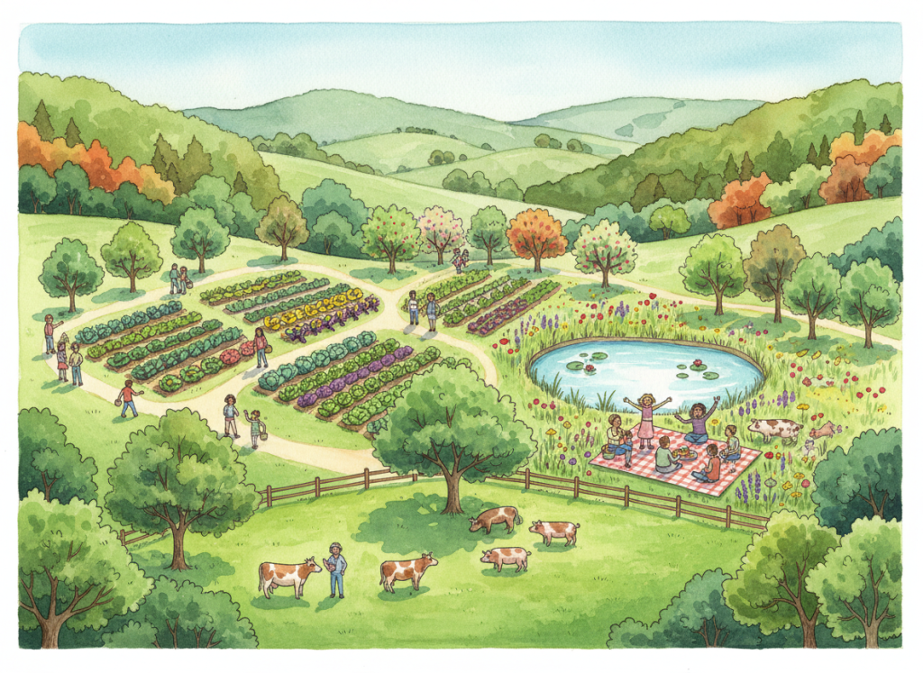Bird's-eye watercolor of Ozark land with garden circles, fruit trees, a pond, a meadow and a pasture of resting cows and pigs, with people walking the paths