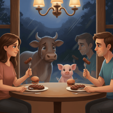 A couple smiling as they eat meat at a dinner table, while their reflections in the window behind them look sad, and a cow and a pig look in from outside