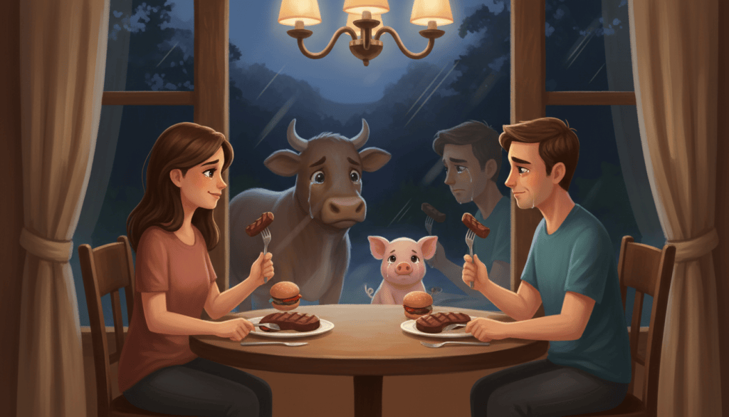 A couple smiling as they eat meat at a dinner table, while their reflections in the window behind them look sad, and a cow and a pig look in from outside