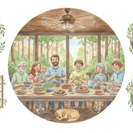 Watercolor of a multigenerational family sharing a plant-based meal on a screened-in porch under a ceiling fan, with a golden retriever under the table, surrounded by small round scenes of a whole-house fan, a breezy open window, vines on a deck railing, a clothesline and a cave spring