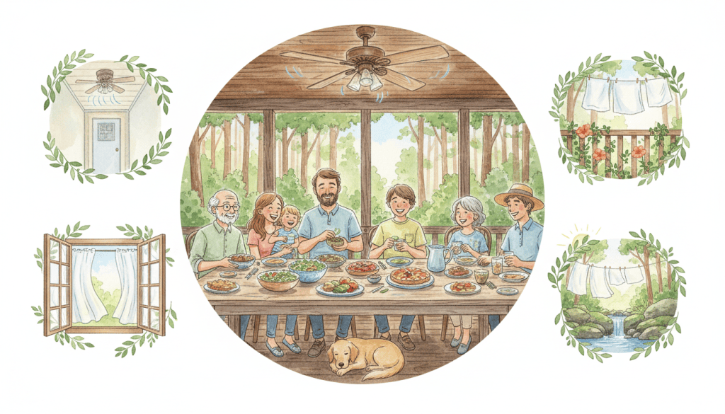 Watercolor of a multigenerational family sharing a plant-based meal on a screened-in porch under a ceiling fan, with a golden retriever under the table, surrounded by small round scenes of a whole-house fan, a breezy open window, vines on a deck railing, a clothesline and a cave spring