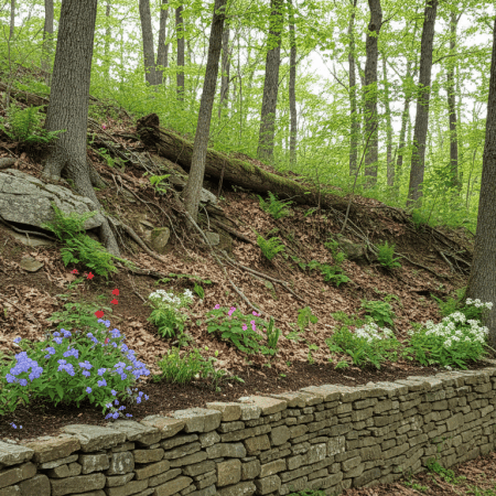 A very steep, shaded wooded hillside with a low fieldstone retaining wall at its foot, woodland flowers and ferns growing along the wall and up the slope
