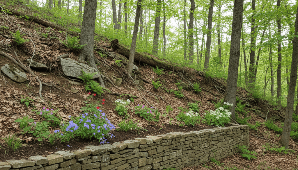 A very steep, shaded wooded hillside with a low fieldstone retaining wall at its foot, woodland flowers and ferns growing along the wall and up the slope