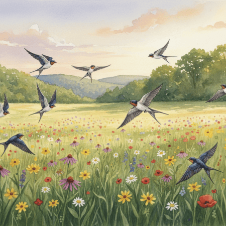 Watercolor of barn swallows swooping over a wildflower meadow at dusk with Ozark hills behind