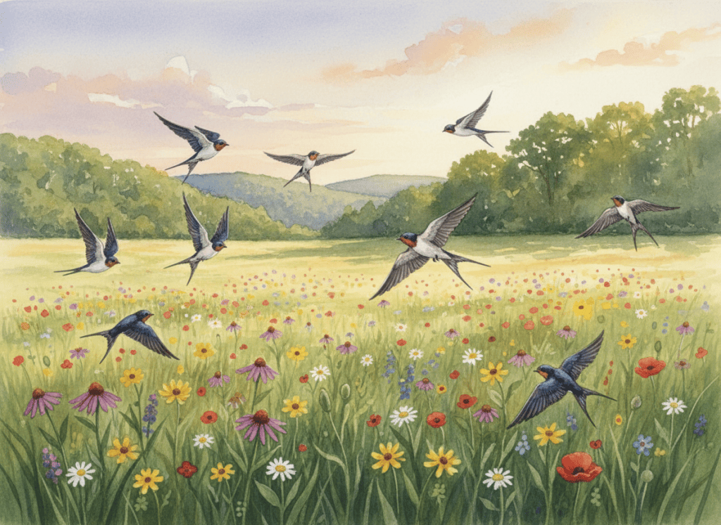 Watercolor of barn swallows swooping over a meadow at dusk