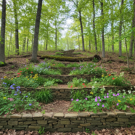 A very steep shaded forest hillside with a low fieldstone retaining wall at its foot and narrow stone terraces of blooming woodland flowers and ferns climbing the slope