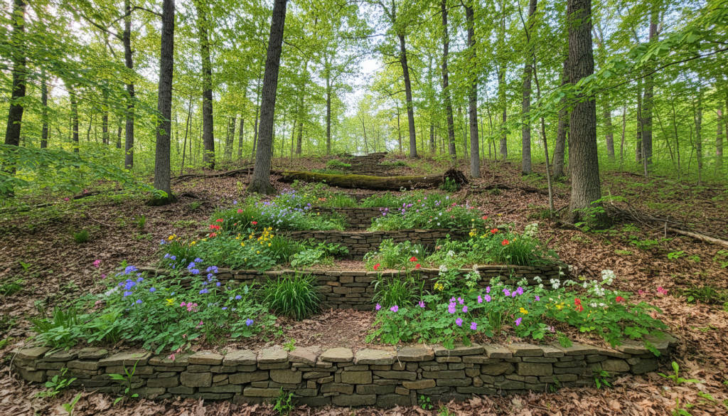 A very steep shaded forest hillside with a low fieldstone retaining wall at its foot and narrow stone terraces of blooming woodland flowers and ferns climbing the slope