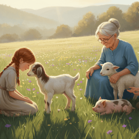 A child rests her forehead against a baby goat's while a grandmother and boy gently greet a lamb and a piglet in a sunny meadow