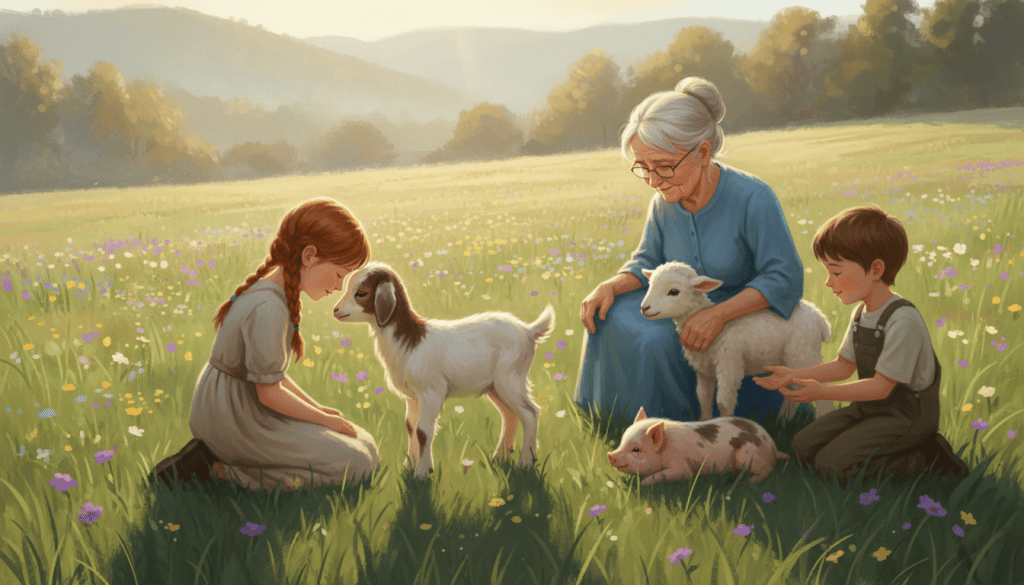A child rests her forehead against a baby goat's while a grandmother and boy gently greet a lamb and a piglet in a sunny meadow