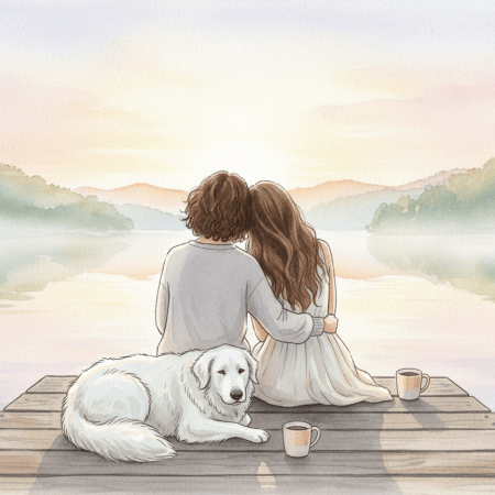 Watercolor of two brown-haired women seen from behind on a wooden dock at sunrise, arm in arm, with a big white fluffy dog beside them.