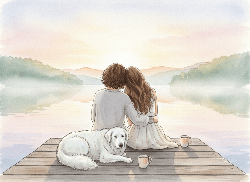 Watercolor of two brown-haired women seen from behind on a wooden dock at sunrise, arm in arm, with a big white fluffy dog beside them.