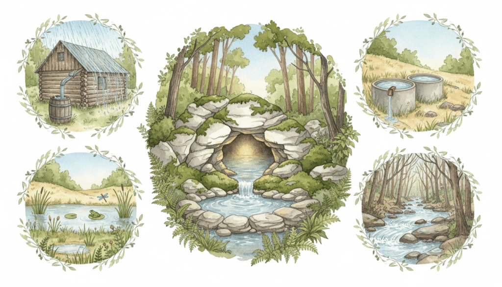 Watercolor of a limestone cave spring surrounded by small scenes of rain barrels, cisterns, a pond, a seep with ferns, and a wet-weather creek