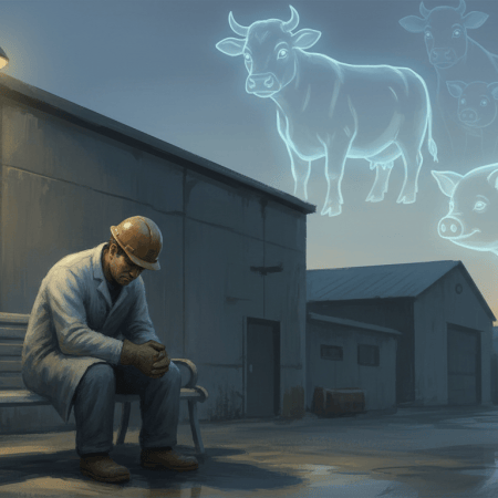 A weary worker sits alone on a bench at dusk with his head bowed, while faint glowing images of cows and pigs appear in the sky above him