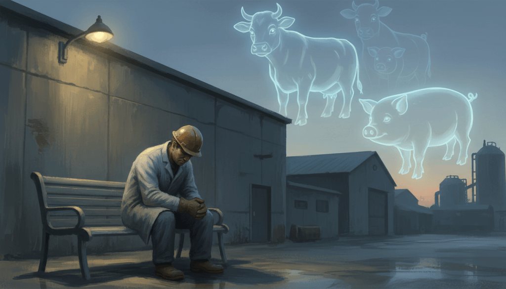 A weary worker sits alone on a bench at dusk with his head bowed, while faint glowing images of cows and pigs appear in the sky above him