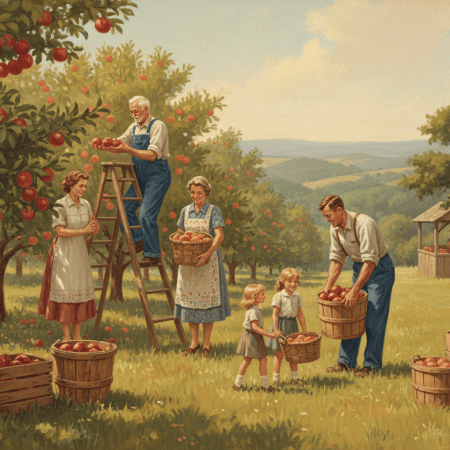 Old-fashioned painting of three generations of a family picking apples and peaches together in a sunlit orchard