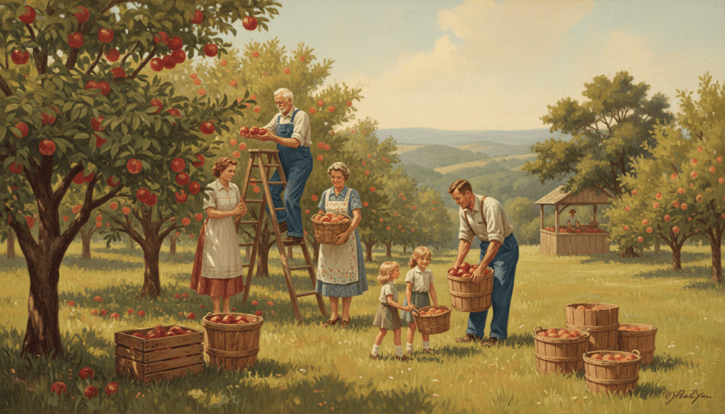 Old-fashioned painting of three generations of a family picking apples and peaches together in a sunlit orchard