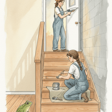 Watercolor of two handywomen fixing up a wooden staircase, one caulking the door frame at the top and one brushing finish onto the stairs, while a small green frog watches from the bottom step