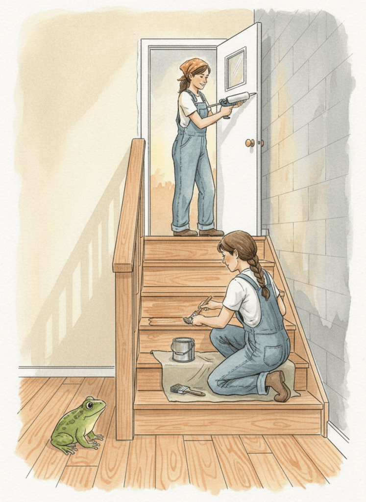 Watercolor of two handywomen fixing up a wooden staircase, one caulking the door frame at the top and one brushing finish onto the stairs, while a small green frog watches from the bottom step