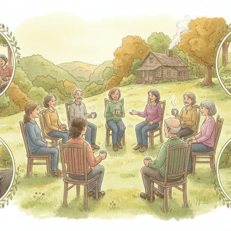 Watercolor of a diverse group of adults sitting in a circle of wooden chairs on a grassy hillside, sharing in a support meeting, surrounded by small vignettes of people eating a plant-based meal together, tending a vegetable garden, and visiting rescued goats and a pig
