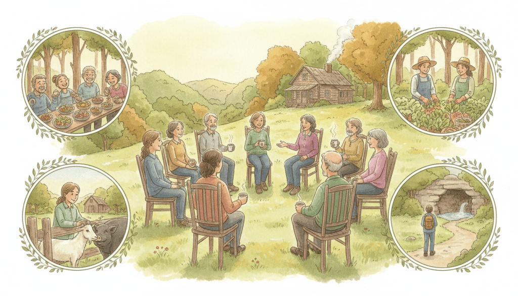Watercolor of a group of adults sitting in a circle of wooden chairs on a grassy hillside, sharing in a support meeting, surrounded by small scenes of people eating a plant-based meal together, tending a garden, and visiting rescued goats and a pig