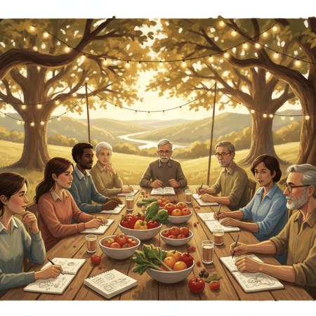 Warm painterly illustration: a diverse group of thoughtful adults of all ages gathered around a long wooden table outdoors under big oak trees in the Ozark hills, notebooks, sketches and bowls of colorful fresh vegetables and fruit on the table, string lights overhead, golden evening light. Mood: inspired, hopeful collaboration.