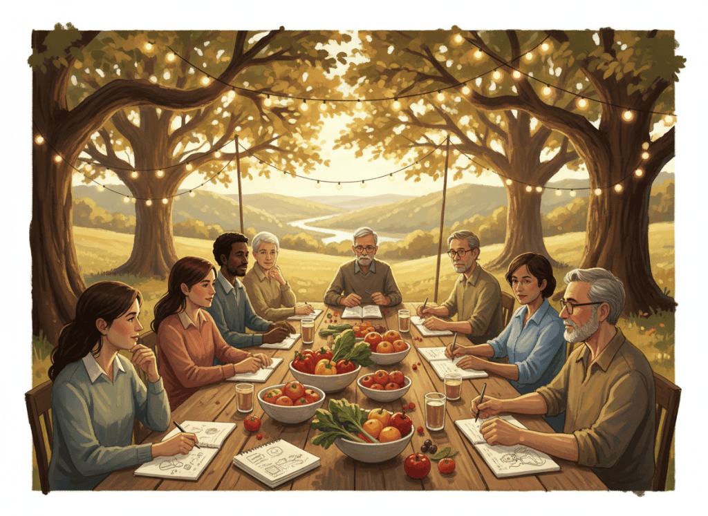 Illustration of people gathered around an outdoor table under oak trees sharing ideas and fresh food