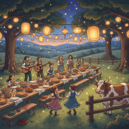 Illustration of a lantern-lit village feast with plant-based food, music and dancing under the trees
