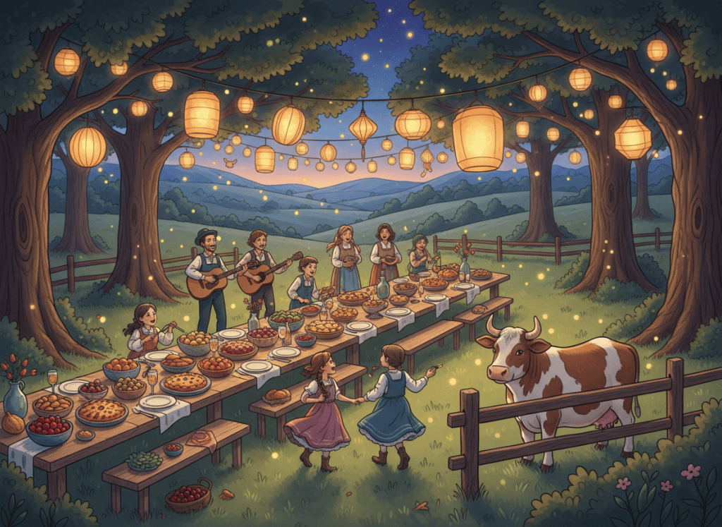 Illustration of a lantern-lit village feast with plant-based food, music and dancing under the trees