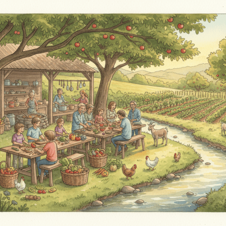 Watercolor of friends and families cooking together at an open-air community kitchen under shade trees beside a shared garden in the Ozark hills