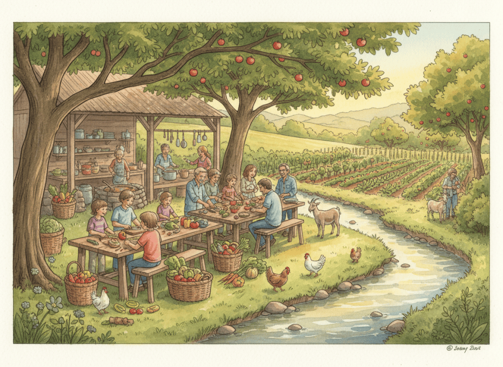 Watercolor of friends and families cooking together at an open-air community kitchen under shade trees beside a shared garden in the Ozark hills