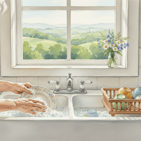 Watercolor of an older woman's hands washing dishes at a sink beneath a window looking out on green hills, with children's cups in the drying rack