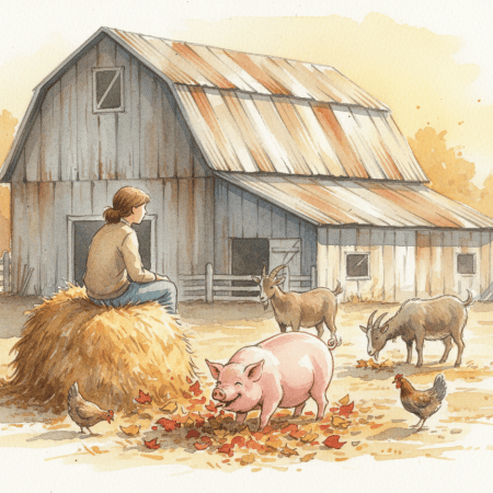 Watercolor of a visitor on a hay bale watching a pig root through autumn leaves, with goats and hens nearby