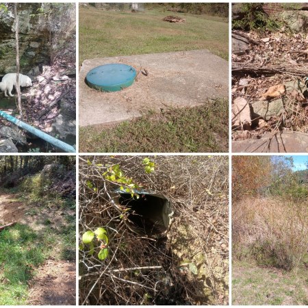 Six photos of water at the Living Springs Log House: the cave spring with a white Great Pyrenees, a cistern lid, an overflow pipe, a downspout, a culvert, and a wet area with willows