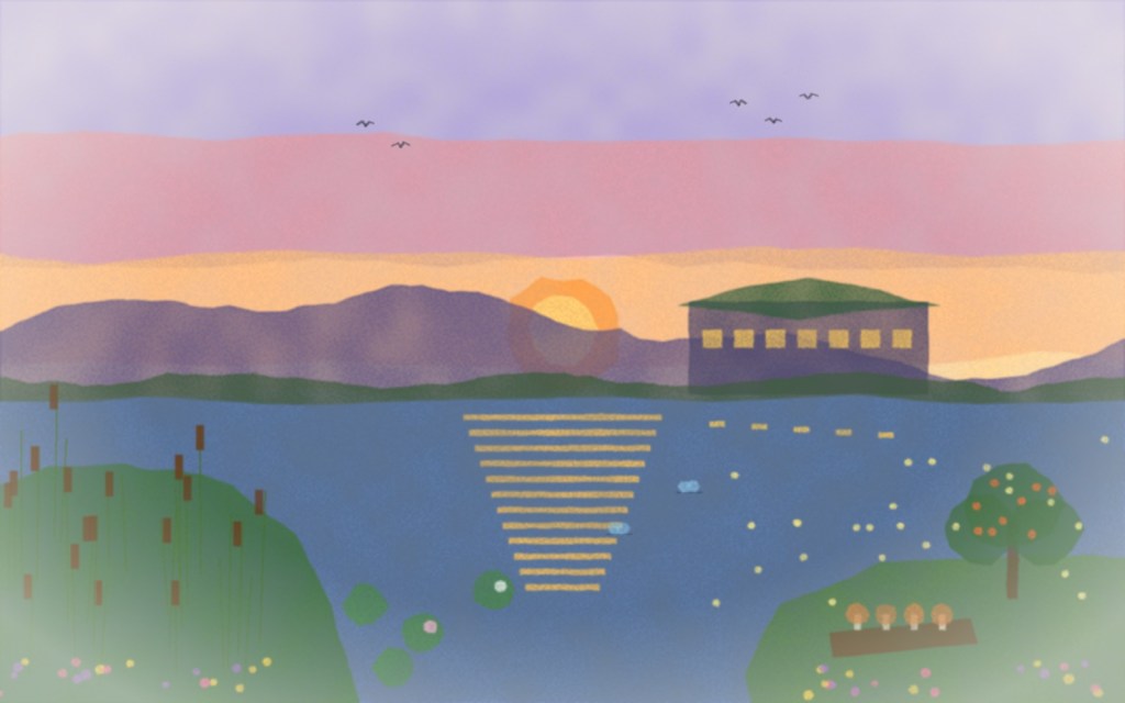Watercolor of a sunset over a lake, with a data center across the water glowing softly under its living roof, cattails and lily pads, fireflies, mushrooms on a log and a fruit tree.