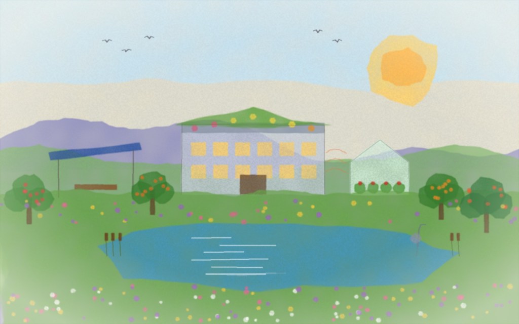Watercolor of a data center with a flowering living roof and glowing windows, a greenhouse beside it, solar shade over a picnic table, fruit trees, a blue lake with cattails and a heron, and a meadow full of wildflowers under a morning sun.